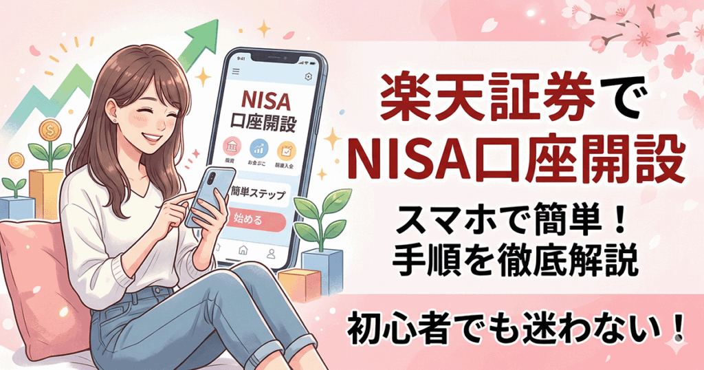 楽天証券のNISA口座開設手順をスマホで簡単に行う方法。初心者向け解説用アイキャッチ画像。