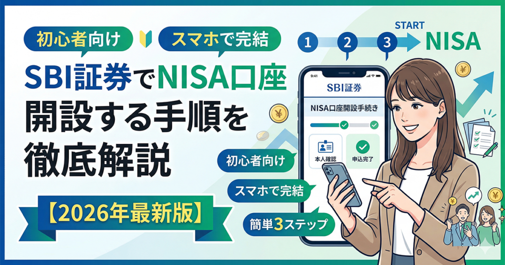 スマホで簡単に完結する、SBI証券でのNISA口座開設手順を解説したアイキャッチ画像【2026年最新版】