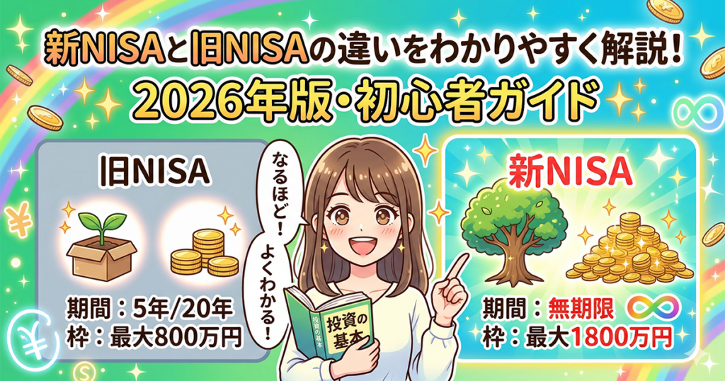 新NISAと旧NISAの違いをわかりやすく解説した2026年版初心者ガイドのアイキャッチ画像。女性が投資の基本を学んでいるイラスト。