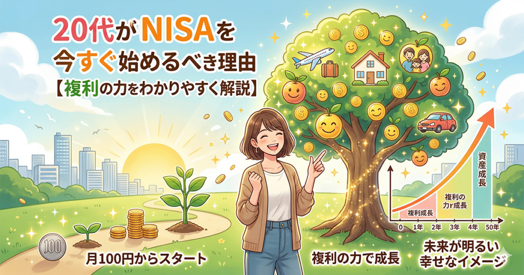NISAと貯金はどっちを優先すべきか、天秤を前に笑顔で考える女性のイラスト画像