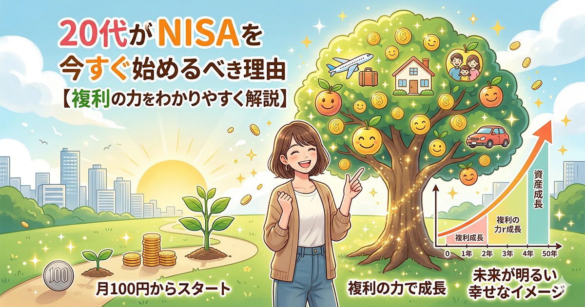 NISAと貯金はどっちを優先すべきか、天秤を前に笑顔で考える女性のイラスト画像