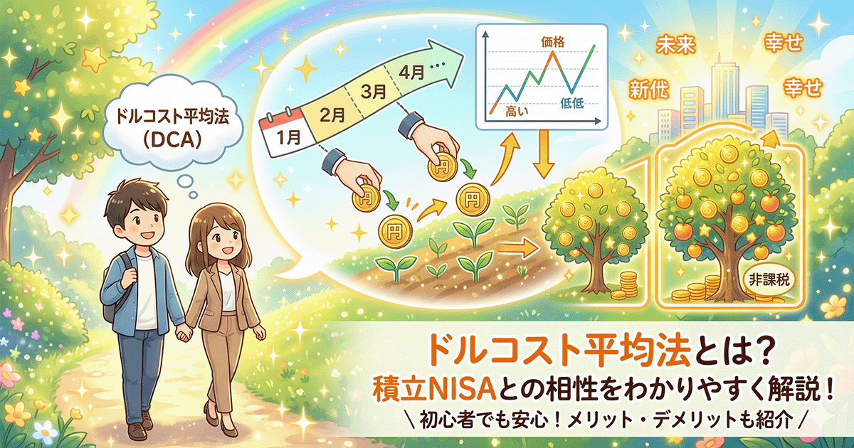 NISAの配当金・分配金が非課税になる仕組みを解説するアイキャッチ画像。お金が実る木と喜ぶ夫婦、非課税を示す盾のイラスト。