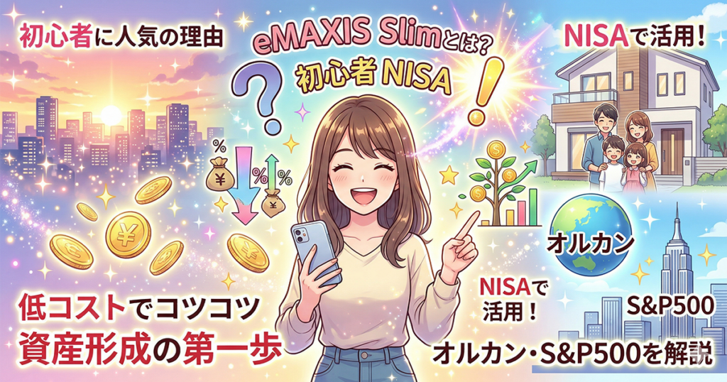 スマホでeMAXIS SlimやNISAについて学び、明るい未来の資産形成を想像して笑顔になる初心者の女性のイラスト