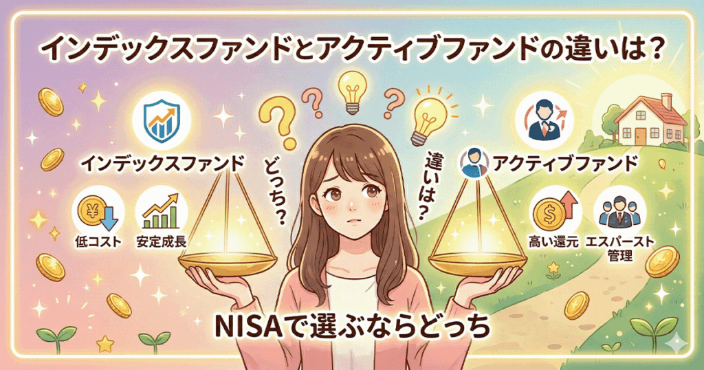 インデックスファンド（左、低コスト・安定成長）とアクティブファンド（右、高い還元・エキスパート管理）を天秤にかけて比較し、迷っているアジア人女性のイラスト。頭上には疑問符と電球があり、「どっち？」「違いは？」という吹き出しと、上部に「インデックスファンドとアクティブファンドの違いは？」、下部に「NISAで選ぶならどっち」の文字が書かれている。
