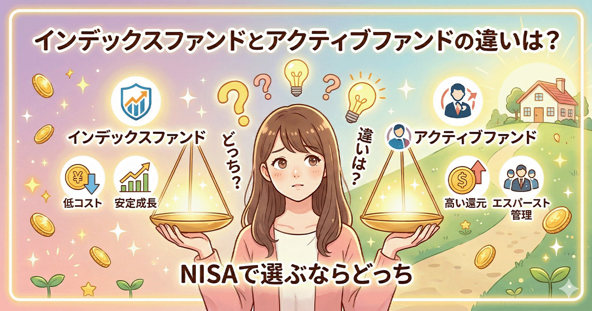 インデックスファンド（左、低コスト・安定成長）とアクティブファンド（右、高い還元・エキスパート管理）を天秤にかけて比較し、迷っているアジア人女性のイラスト。頭上には疑問符と電球があり、「どっち？」「違いは？」という吹き出しと、上部に「インデックスファンドとアクティブファンドの違いは？」、下部に「NISAで選ぶならどっち」の文字が書かれている。