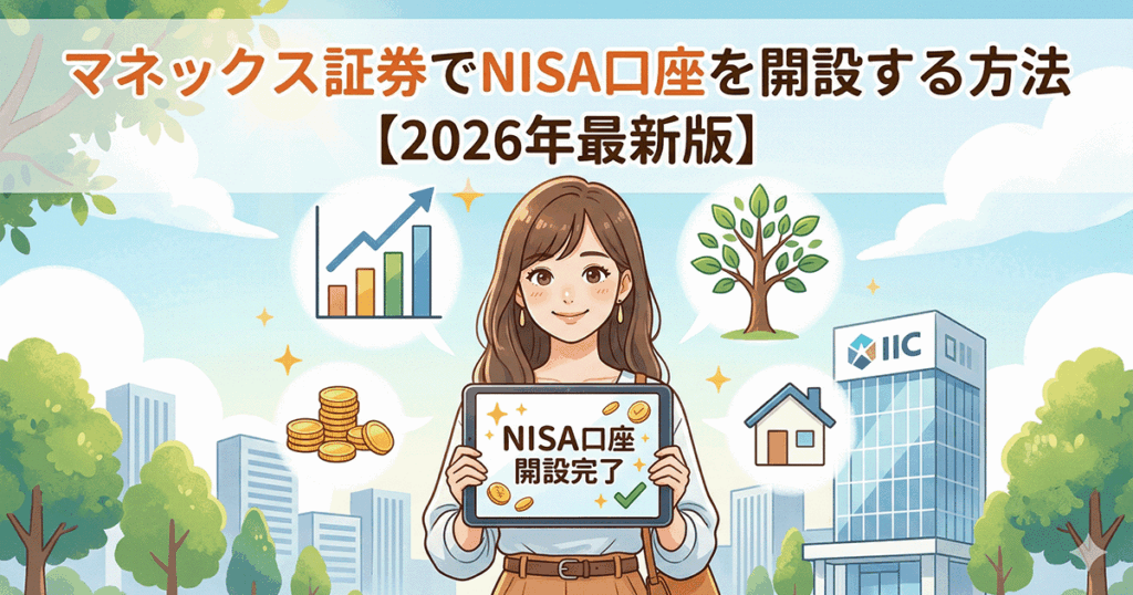 マネックス証券でNISA口座を開設する方法【2026年最新版】のアイキャッチ画像。タブレットを持って笑顔の女性と、投資や資産形成をイメージするイラスト