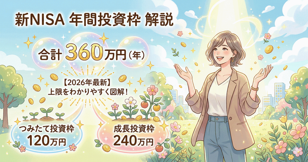 新NISAの年間投資枠は上限360万円（つみたて投資枠120万円・成長投資枠240万円）であることを図解した、明るい未来をイメージさせるイラスト画像