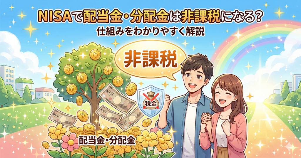 NISAの配当金・分配金が非課税になる仕組みを解説するアイキャッチ画像。お金が実る木と喜ぶ夫婦、非課税を示す盾のイラスト。