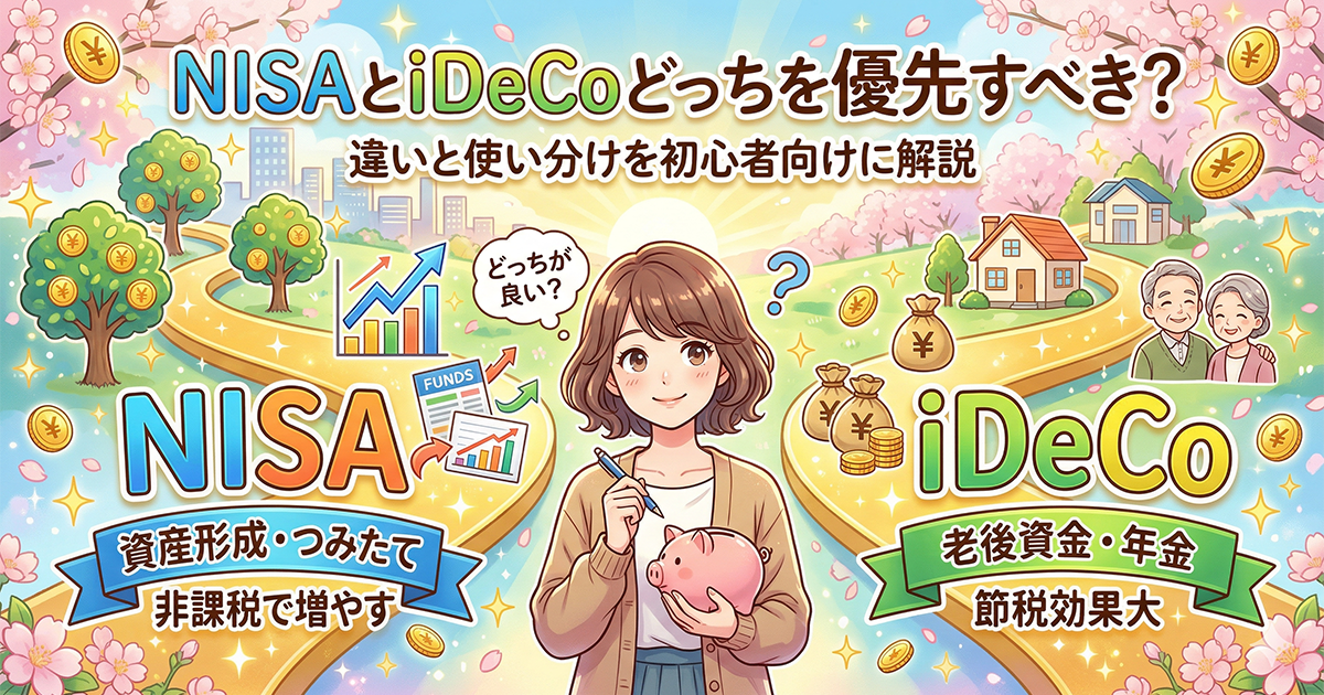 NISAとiDeCoどっちを優先すべきか悩む女性のイラスト。初心者向けに2つの制度の違いや使い分けを比較するアイキャッチ画像