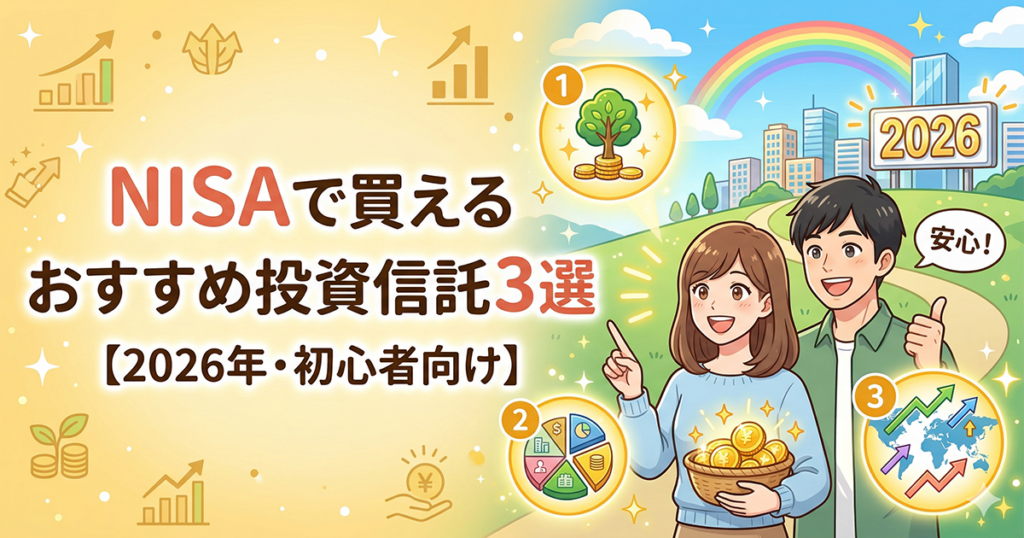 NISAで買えるおすすめ投資信託3選【2026年・初心者向け】を解説する、明るい未来と資産形成をイメージした男女のイラスト