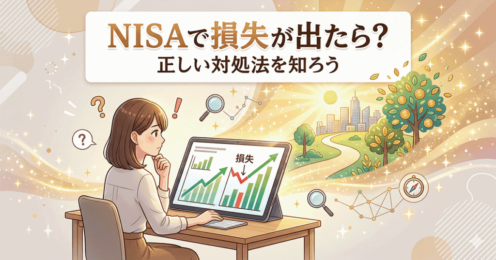 「NISAで損失が出たら？」というテキストと、パソコンで下落チャートを見て疑問に思う女性、その先の明るい未来と成長する木を描いたイラスト