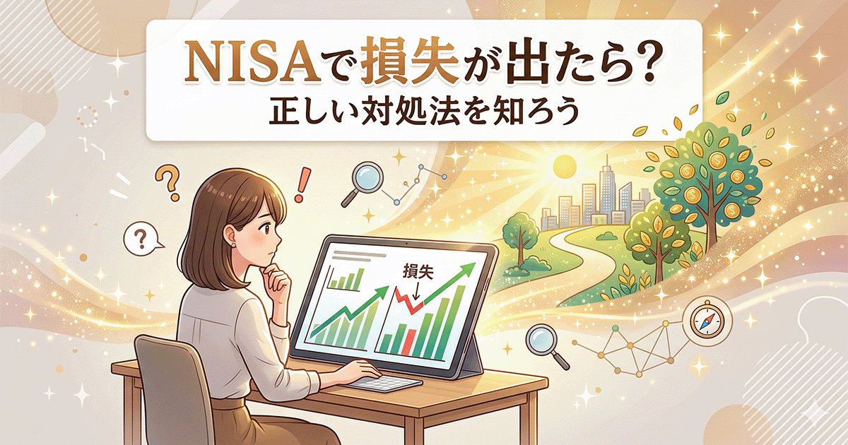 「NISAで損失が出たら？」というテキストと、パソコンで下落チャートを見て疑問に思う女性、その先の明るい未来と成長する木を描いたイラスト