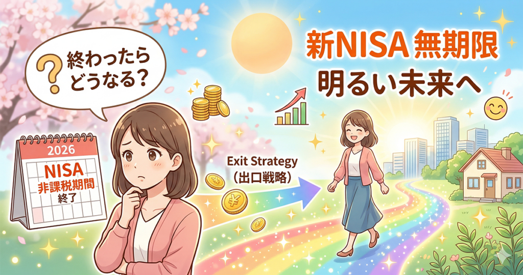 NISAの非課税期間が終わったらどうなるか疑問に思う女性が、出口戦略を知って明るい未来へ進む様子のイラスト