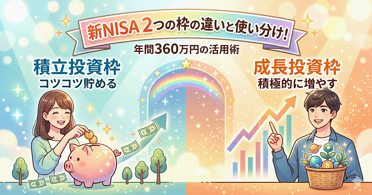 新NISAの積立投資枠（コツコツ貯める）と成長投資枠（積極的に増やす）の違いと使い分けを比較した明るい未来のイラスト