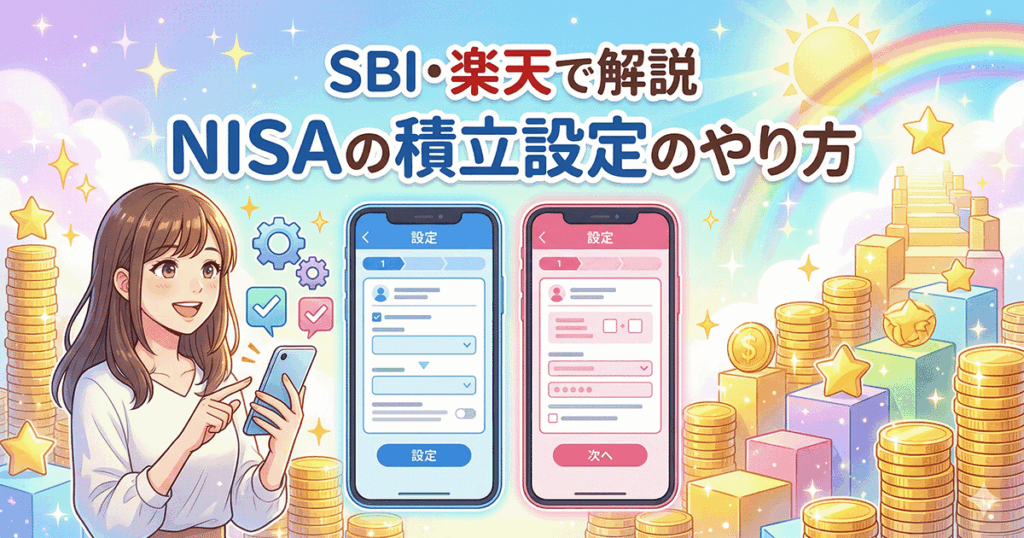 NISAの積立設定のやり方（SBI証券・楽天証券）を解説するアイキャッチ画像。スマホを操作する笑顔の女性と積み上がるコインのイラスト。
