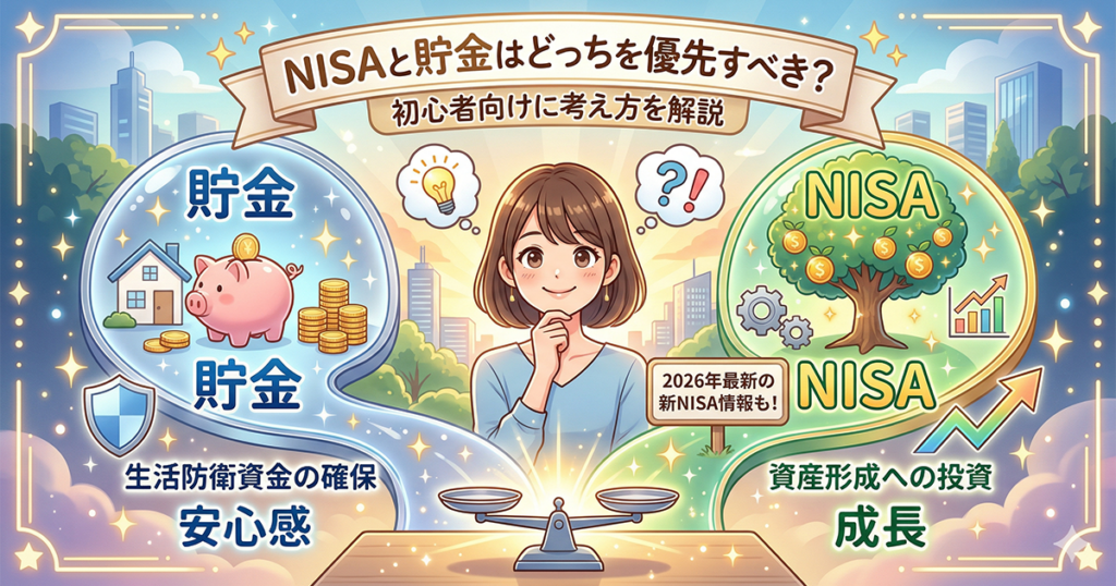 NISAと貯金はどっちを優先すべきか、天秤を前に笑顔で考える女性のイラスト画像