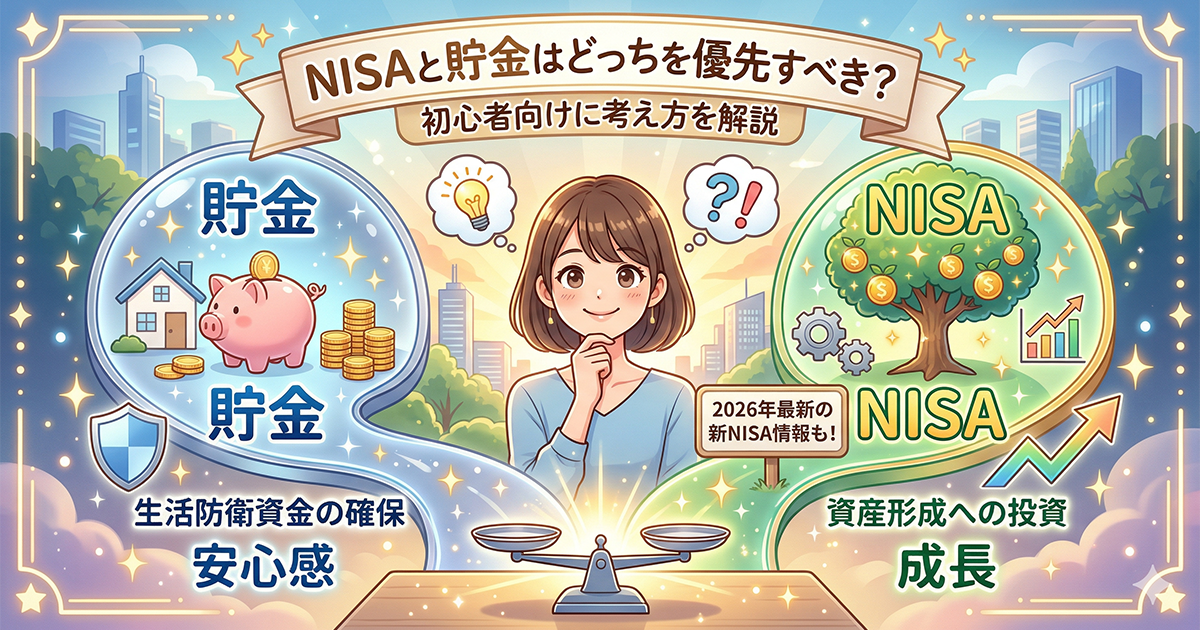 NISAと貯金はどっちを優先すべきか、天秤を前に笑顔で考える女性のイラスト画像