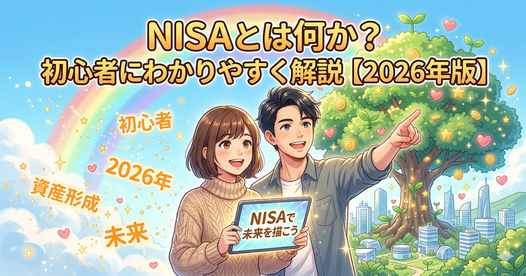 NISAとは何か？初心者にわかりやすく解説【2026年版】のアイキャッチ画像。明るい未来を見据える若い男女と、資産の成長を象徴する木が描かれたイラスト。