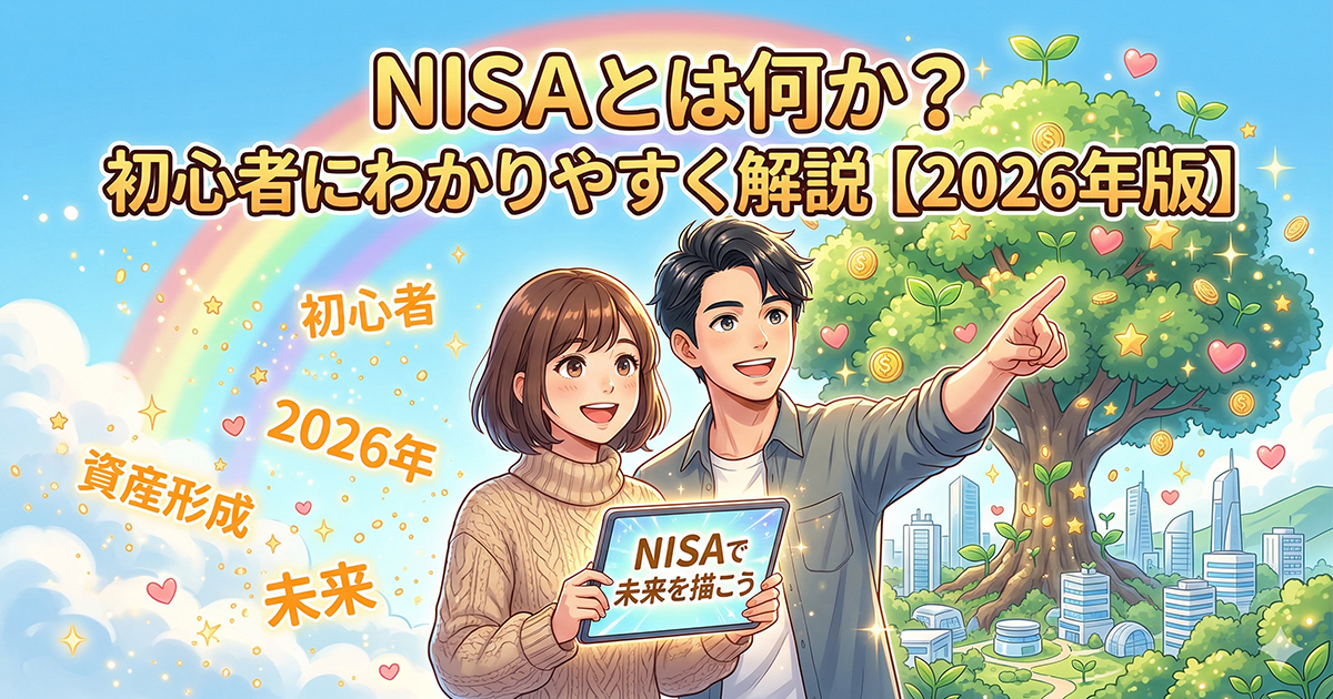 NISAとは何か？初心者にわかりやすく解説【2026年版】のアイキャッチ画像。明るい未来を見据える若い男女と、資産の成長を象徴する木が描かれたイラスト。