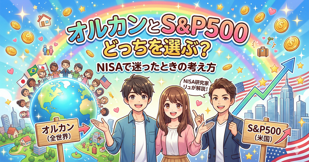 オルカンとS&P500のどちらをNISAで選ぶか迷っている様子と、資産形成による明るい未来を表現したアイキャッチ画像