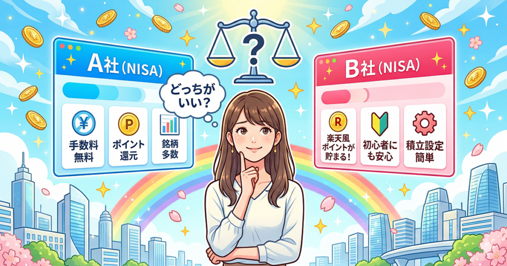 SBI証券と楽天証券どっちがいい？新NISA口座選びで、明るい未来を想像しながら楽しく比較・検討する女性のイラスト