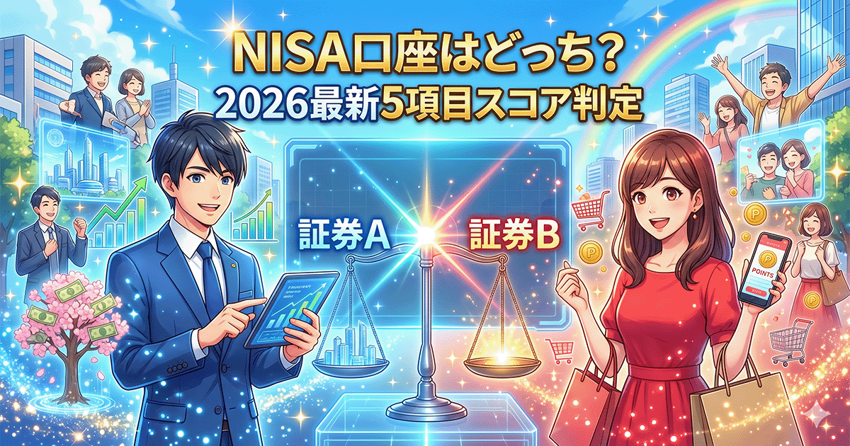 2026年最新版、SBI証券と楽天証券のNISA口座を5項目で比較・スコア判定するアイキャッチ画像。青（証券A）と赤（証券B）を基調とし、天秤にかけて比較している明るく希望に満ちたイラスト。