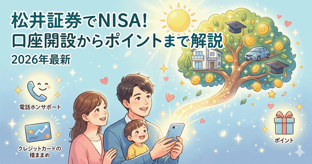 「松井証券でNISA口座を開設する方法」のアイキャッチ画像。スマホでNISAを始める家族と、ポイントやクレカ積立、手厚い電話サポートによって資産が育ち、明るい未来へ繋がる様子を描いたイラスト。