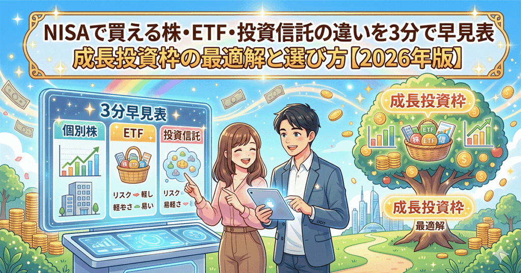 NISAで買える株・ETF・投資信託の違いを比較する男女と、成長投資枠をイメージしたお金の木のイラスト