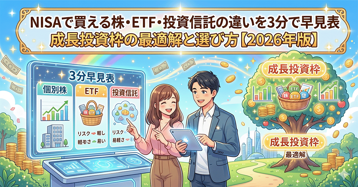NISAで買える株・ETF・投資信託の違いを比較する男女と、成長投資枠をイメージしたお金の木のイラスト