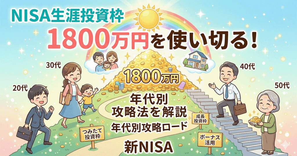 NISAの生涯投資枠1800万円を年代別に使い切る攻略法を解説するイラスト。20代から50代までの各年代のキャラクターが階段を上り、頂上に1800万円の金貨と家が描かれた明るいデザイン
