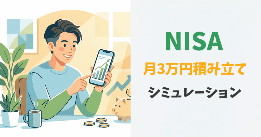 NISAで月3万円を積み立てた場合のシミュレーションを示すイラスト