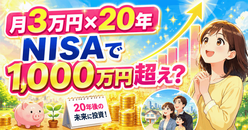 月3万円のNISA積立を年利3〜7%で20年運用した場合の最終評価額シミュレーションのアイキャッチ画像