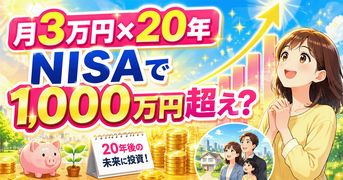 月3万円のNISA積立を年利3〜7%で20年運用した場合の最終評価額シミュレーションのアイキャッチ画像