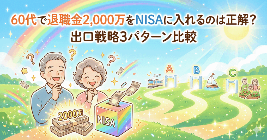 60代の夫婦が退職金2,000万円をNISAで運用し、3つの明るい出口戦略について考えているイラスト