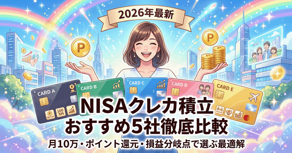 NISAクレカ積立のおすすめ5社を比較する笑顔の男女のイラスト。5種類のクレジットカード、右肩上がりのグラフ、舞い散るポイントやコインが描かれ、月10万円の投資による資産形成の明るい未来を表現しています。上部に「NISAクレカ積立おすすめ5社比較 月10万円・ポイント・損益分岐点【2026年版】」の文字。
