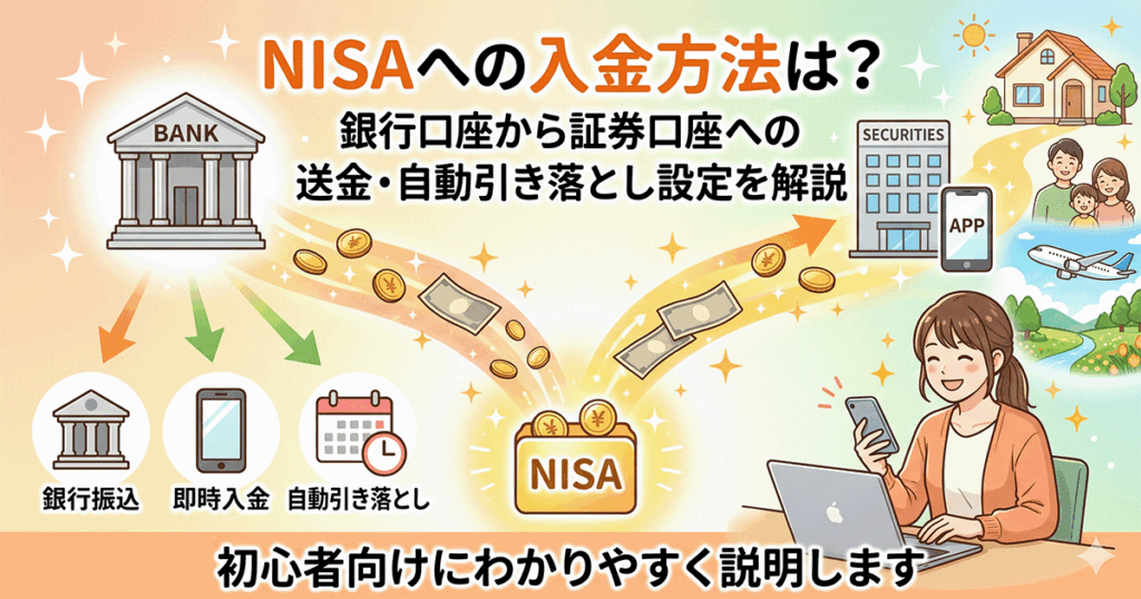NISA口座への入金方法（銀行振込・即時入金・自動引き落とし）を設定する笑顔の女性のイラスト