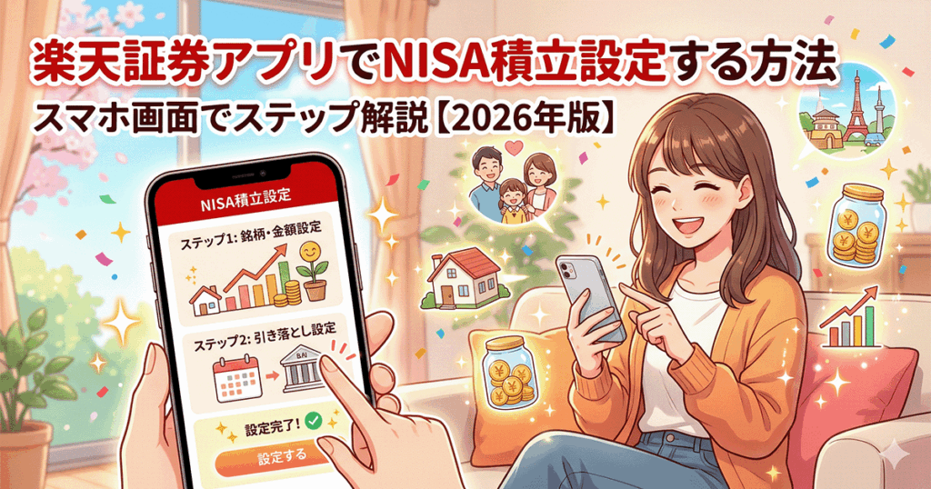 スマホで楽天証券アプリを操作し、NISAの積立設定を行う笑顔の女性のイラスト