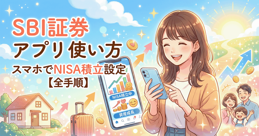 SBI証券アプリを使ってスマホでNISA積立設定をする笑顔の女性のイラスト