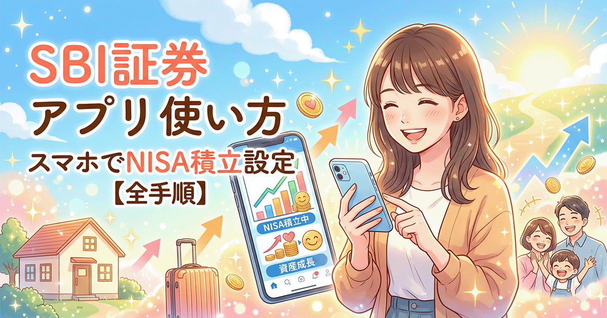 SBI証券アプリを使ってスマホでNISA積立設定をする笑顔の女性のイラスト