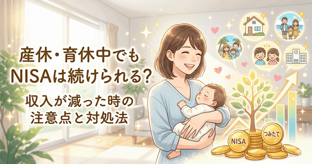 産休・育休中でもNISAは続けられる？収入が減った時の注意点と対処法。赤ちゃんを抱く笑顔の母親と明るい未来に向けた資産形成のイラスト