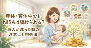 産休・育休中でもNISAは続けられる？収入が減った時の注意点と対処法。赤ちゃんを抱く笑顔の母親と明るい未来に向けた資産形成のイラスト