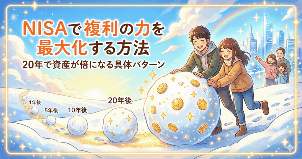 NISAで複利の力を最大化する方法のアイキャッチ画像。男女が雪玉を転がして大きくしていくイラストで、複利効果によって資産が増える様子を表現しています。