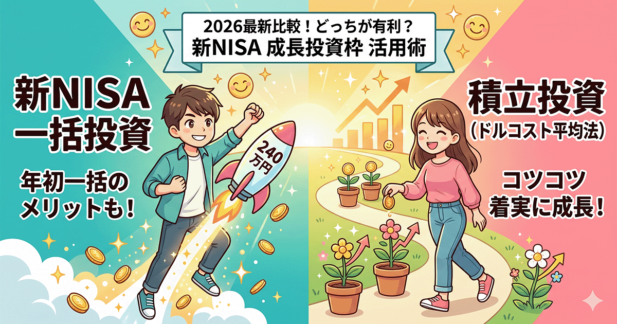 新NISAの一括投資と積立投資を比較するアイキャッチ画像。成長投資枠240万円をイメージしたロケットで上昇する男性と、コツコツと資産の苗を育てる女性のイラスト。