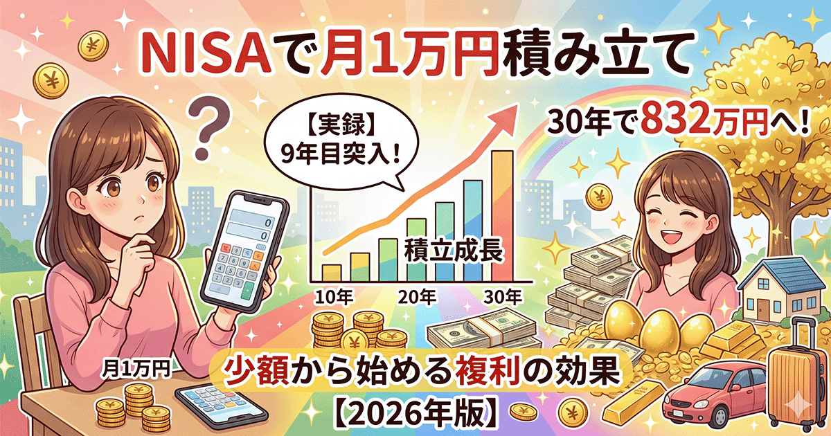 NISAで月1万円を積み立てたシミュレーションと、複利効果で30年後に832万円の資産を築き、家や車を手に入れて明るい未来を迎える女性のイラスト