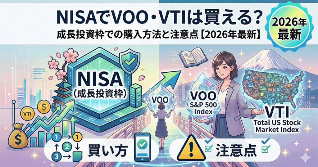 NISAの成長投資枠で米国ETF（VOO・VTI）を購入する方法を解説するイラスト。NISA制度のシールドアイコン、右肩上がりの株価チャート、米国旗、コインが描かれた明るいデザイン