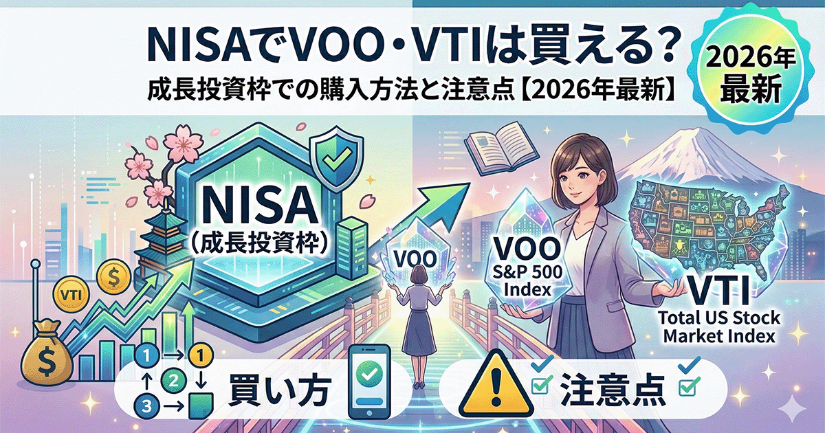 NISAの成長投資枠で米国ETF（VOO・VTI）を購入する方法を解説するイラスト。NISA制度のシールドアイコン、右肩上がりの株価チャート、米国旗、コインが描かれた明るいデザイン