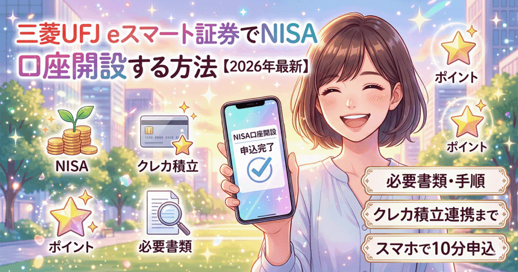 三菱UFJ eスマート証券（旧auカブコム証券）のNISA口座開設とクレカ積立の始め方を解説するアイキャッチ画像（スマホで手続きを完了させた女性のイラスト）