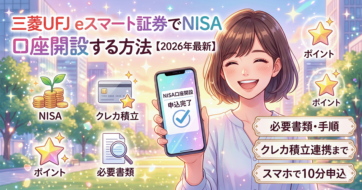 三菱UFJ eスマート証券（旧auカブコム証券）のNISA口座開設とクレカ積立の始め方を解説するアイキャッチ画像（スマホで手続きを完了させた女性のイラスト）