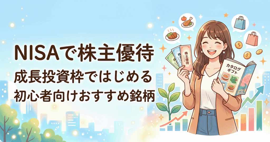 NISAの成長投資枠で株主優待をもらう方法と初心者向けおすすめ銘柄を解説したアイキャッチ画像。笑顔で優待券を持つ女性と右肩上がりのグラフのイラスト