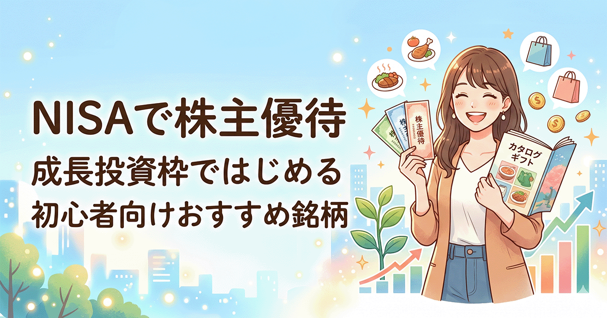 NISAの成長投資枠で株主優待をもらう方法と初心者向けおすすめ銘柄を解説したアイキャッチ画像。笑顔で優待券を持つ女性と右肩上がりのグラフのイラスト
